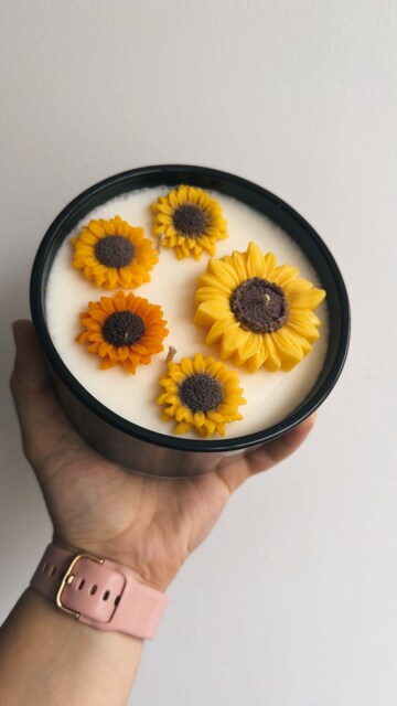 Sunflower Soy Candle in Black Glass, Large 3-Wick Decorative Jar, Handmade Floral Gift - image 1