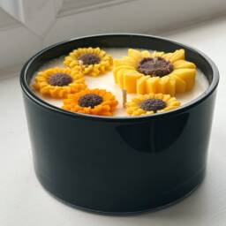 Sunflower Soy Candle in Black Glass, Large 3-Wick Decorative Jar, Handmade Floral Gift - thumbnail 3