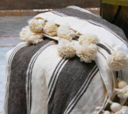 Moroccan Pom Blanket & Throw, Bohemian Blanket, Berber Wool Hand Woven, Handmade Bed Spread, Cover - thumbnail 2