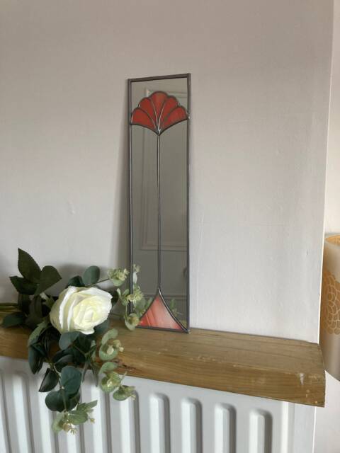 Fan 2 Design Art Deco Style Stained Glass Effect Mirror in Coral Handmade Gift Catfish Glass 10x40cm - image 1