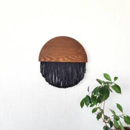 Black Fiber Art Wall Hanging Half Moon Wood & Cotton String Tapestry