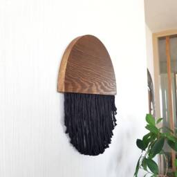 Black Fiber Art Wall Hanging Half Moon Wood & Cotton String Tapestry - thumbnail 2