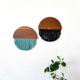 Black Fiber Art Wall Hanging Half Moon Wood & Cotton String Tapestry - thumbnail 4