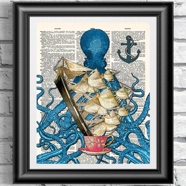 Blue Octopus Art Print On Antique Book Page. Nautical Home Decor Octopus Dictionary Wall Mixed Media Old Dictionary - image 1