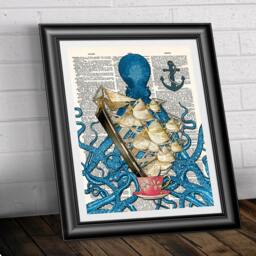 Blue Octopus Art Print On Antique Book Page. Nautical Home Decor Octopus Dictionary Wall Mixed Media Old Dictionary - thumbnail 2