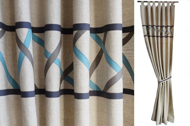 Boys Teen Boy Masculine Modern Geometric Tab Top Beige Linen Curtains Organic Cotton Stone Blue Grey Brown Diagonal Stripes. Customisable - image 1