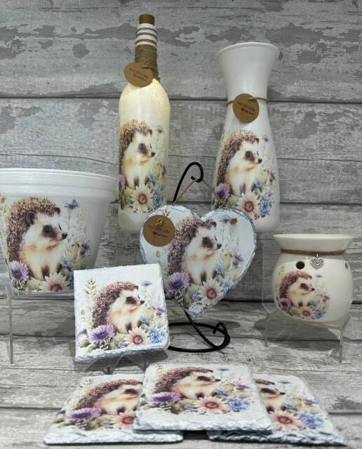 Hedgehog Gifts Vase Light Up Bottle, Slate Heart, Plant Pot, Coasters, Wax Burner, Soy Melts - image 1