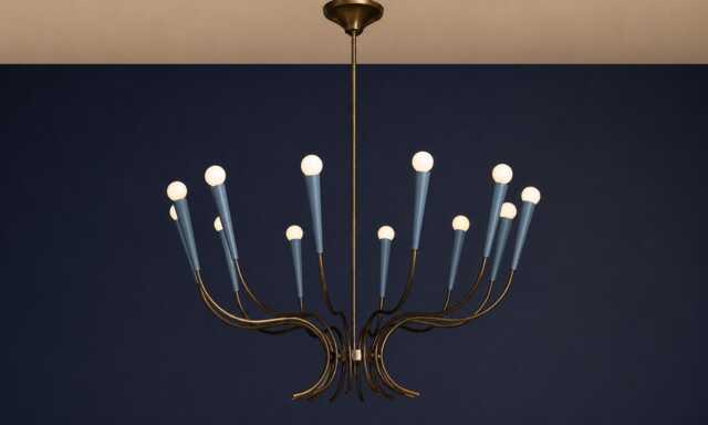 Mid Century Modern Blue Chandelier - 12 Light Sputnik Sky Ceiling Retro Brass Custom Lighting Fixture - image 1
