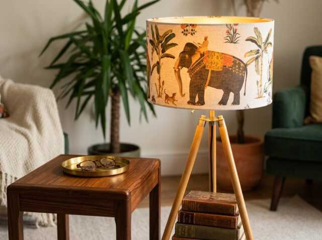 Indian Maharaja & Elephant Linen Drum Lampshade in Cream - image 1