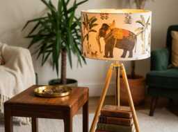 Indian Maharaja & Elephant Linen Drum Lampshade in Cream