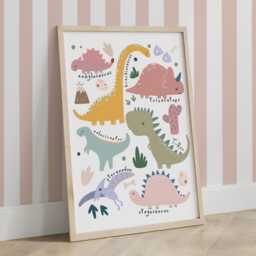 Dinosaur Chart Print in Pink, Girl Bedroom Playroom Decor - thumbnail 3