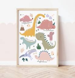 Dinosaur Chart Print in Pink, Girl Bedroom Playroom Decor - thumbnail 1