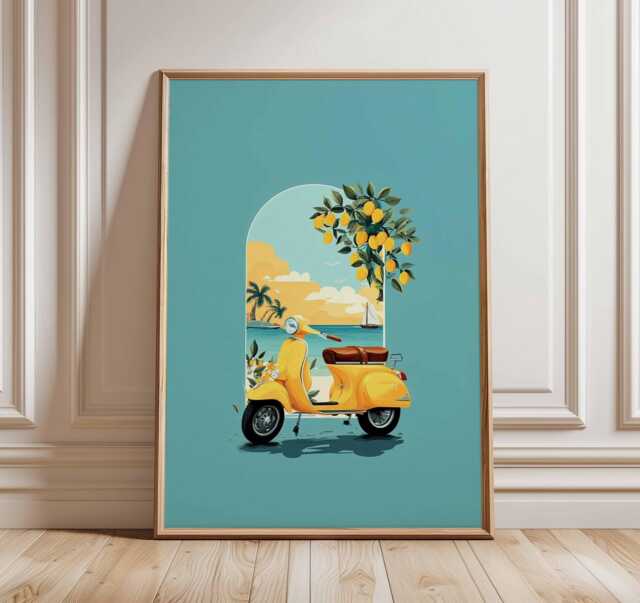 Italian Scooter Poster, Yellow Bike Art Print, Lemon Tree Mediterranean Decor, Retro Travel Aesthetic, Coastal Summer Gift - image 1
