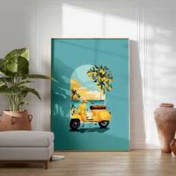 Italian Scooter Poster, Yellow Bike Art Print, Lemon Tree Mediterranean Decor, Retro Travel Aesthetic, Coastal Summer Gift - thumbnail 4