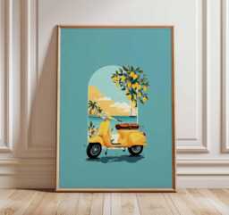 Italian Scooter Poster, Yellow Bike Art Print, Lemon Tree Mediterranean Decor, Retro Travel Aesthetic, Coastal Summer Gift - thumbnail 1