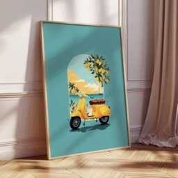 Italian Scooter Poster, Yellow Bike Art Print, Lemon Tree Mediterranean Decor, Retro Travel Aesthetic, Coastal Summer Gift - thumbnail 2