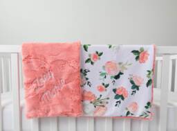 Blushed Coral Floral Personalized Baby Blanket, Minky Blanket With Name, Monogram Girl Gift