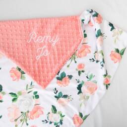 Blushed Coral Floral Personalized Baby Blanket, Minky Blanket With Name, Monogram Girl Gift - thumbnail 2