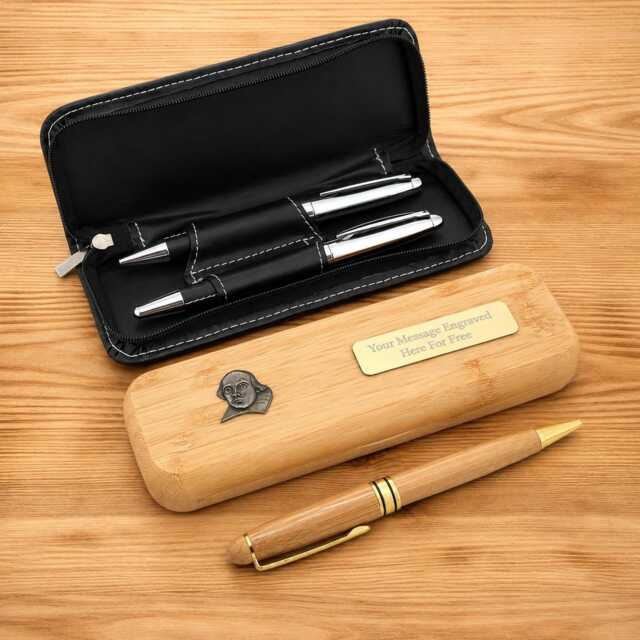 Shakespeare Luxury Wooden Or Leatherette Pen Case With Matching Free Engraving Macbeth Quill Gift - image 1