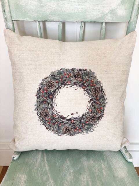 Christmas Berry Wreath Pillow Cover Farmhouse Linen Holiday Decor - image 1
