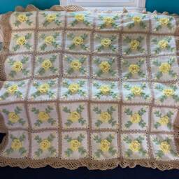 Yellow Rose Crocheted Afghan Handmade Floral Blanket Throw - 72x72 Inches - thumbnail 3