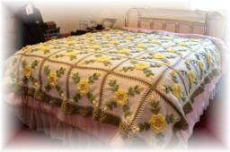Yellow Rose Crocheted Afghan Handmade Floral Blanket Throw - 72x72 Inches