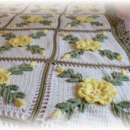 Yellow Rose Crocheted Afghan Handmade Floral Blanket Throw - 72x72 Inches - thumbnail 2