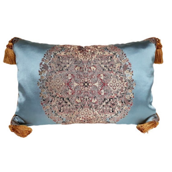 Gold Tassel Corners Throw Pillow Case Silk Lampas Rubelli Fabric Light Blue Sherazade Pattern - Handmade in Italy - image 1