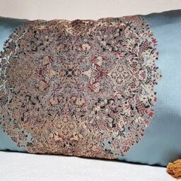Gold Tassel Corners Throw Pillow Case Silk Lampas Rubelli Fabric Light Blue Sherazade Pattern - Handmade in Italy - thumbnail 3
