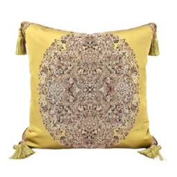 Gold Tassel Corners Throw Pillow Case Silk Lampas Rubelli Fabric Light Blue Sherazade Pattern - Handmade in Italy - thumbnail 4