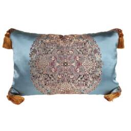 Gold Tassel Corners Throw Pillow Case Silk Lampas Rubelli Fabric Light Blue Sherazade Pattern - Handmade in Italy - thumbnail 1