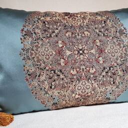 Gold Tassel Corners Throw Pillow Case Silk Lampas Rubelli Fabric Light Blue Sherazade Pattern - Handmade in Italy - thumbnail 2