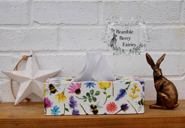 Bees & Country Meadow Flowers Decoupaged Wooden Tissue Box Cover Ideal Gift - image 1