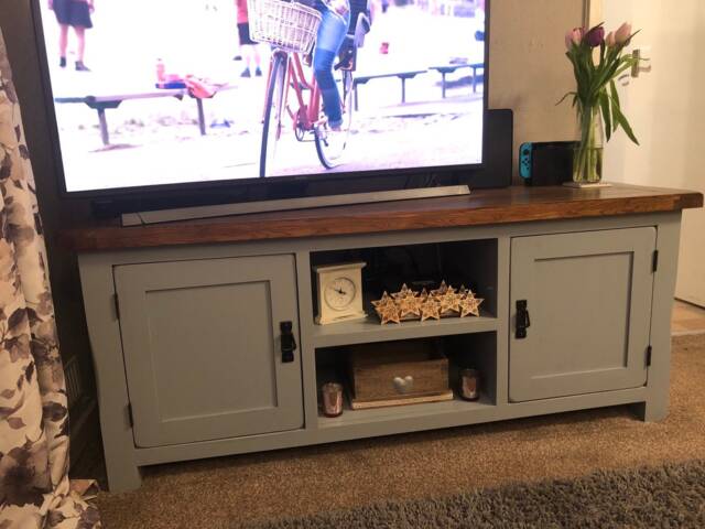 Sold Tv Stand Cabinet, Storage Unit, Solid/Hardwood Oak, Television Display Table, Media Unit Shabby Chic Mineral Greys - image 1