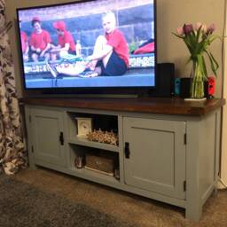 Sold Tv Stand Cabinet, Storage Unit, Solid/Hardwood Oak, Television Display Table, Media Unit Shabby Chic Mineral Greys - thumbnail 2