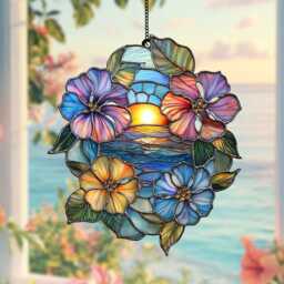 Tropical Hibiscus Faux Stained Glass Suncatcher, Acrylic Window Hanging, Coastal Floral Decor Gift - thumbnail 2