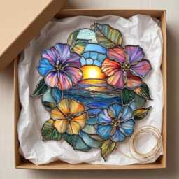 Tropical Hibiscus Faux Stained Glass Suncatcher, Acrylic Window Hanging, Coastal Floral Decor Gift - thumbnail 4