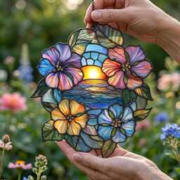 Tropical Hibiscus Faux Stained Glass Suncatcher, Acrylic Window Hanging, Coastal Floral Decor Gift - thumbnail 3