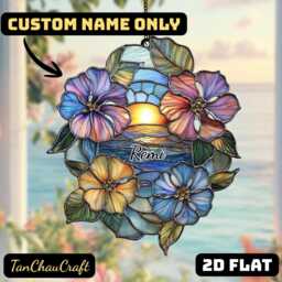 Tropical Hibiscus Faux Stained Glass Suncatcher, Acrylic Window Hanging, Coastal Floral Decor Gift - thumbnail 1