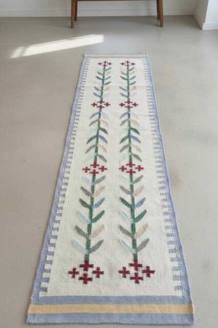 Handmade Scandinavian Kilim Runner Rug - Geometric Wool Flatweave, Blue, Beige & Green Floral Decor - image 1