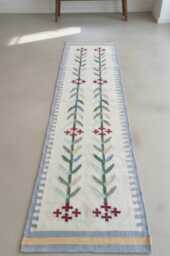 Handmade Scandinavian Kilim Runner Rug - Geometric Wool Flatweave, Blue, Beige & Green Floral Decor - thumbnail 1