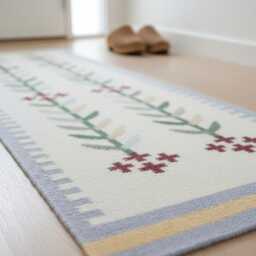 Handmade Scandinavian Kilim Runner Rug - Geometric Wool Flatweave, Blue, Beige & Green Floral Decor - thumbnail 4