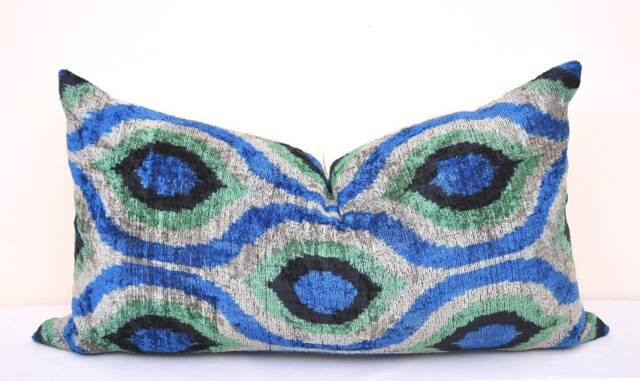 Handmade Silk Velvet Ikat Pillow Cover, Steel Blue Decorative Cushion - image 1