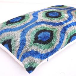 Handmade Silk Velvet Ikat Pillow Cover, Steel Blue Decorative Cushion - thumbnail 2