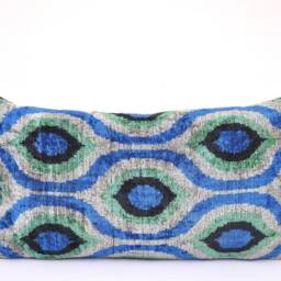 Handmade Silk Velvet Ikat Pillow Cover, Steel Blue Decorative Cushion - thumbnail 3