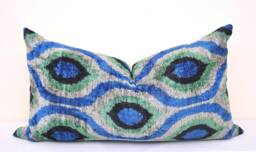 Handmade Silk Velvet Ikat Pillow Cover, Steel Blue Decorative Cushion - thumbnail 1