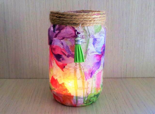 Floral Lantern Jar Decoupage Recycled Glass Night Light - image 1