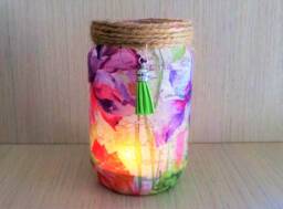 Floral Lantern Jar Decoupage Recycled Glass Night Light - thumbnail 1