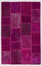 Pink Turkish Patchwork Rug Hand-Knotted Wool, Cotton Accent