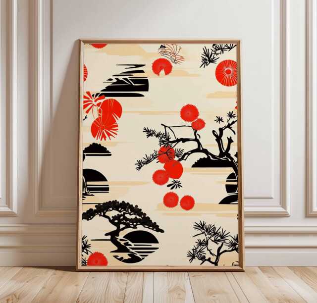 Retro Japanese Wall Art Print, Minimalist Asian Decor, Red & Black Nature Poster, Mid-Century Modern, Zen Living Room Decor - image 1